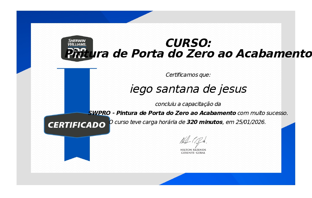 Certificado Sherwin-Williams PRO - Iego Santana Pintor Peruíbe